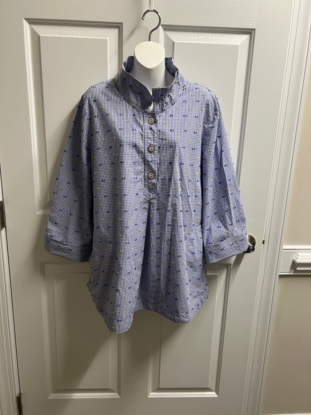 Appleseed's blouse women’s Blue White Checked Tunic shirt cotton size XL